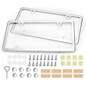 Ohuhu License Plate Frames, 2 Pcs 4 Holes Slim Stainless Steel Polish Mirror License Plate Frame + Chrome Screw Caps (Silver)