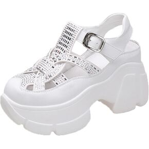 AMAZIDEAL Women's Rhinestones Chunky Platform Sneakers with Adjustable Ankle Buckle,Fashion Closed Toe Wedge Increasing Cutout Roman Sandals,Breathable Casual Beach Walking Sandals