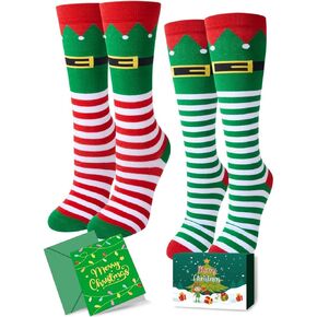 HAPPYPOP Christmas Gifts Stocking Socks for Women - Christmas Knee High Elf Socks for Teen Girls Boys 2 Pack