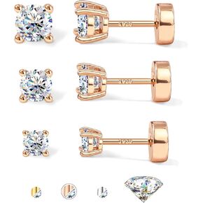 Moissanite Earrings Studs Hypoallergenic 14K Gold Plated Flat Back Earring Sterling Silver Earrings for Women Men - 3 Pairs Earring Set Cartilage Helix Piercing Jewelry D Color VVS1 1.8CT