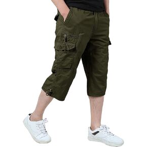 Men's Capri Cargo Shorts Elastic Waist Below Knee Shorts with Multi-Pocket