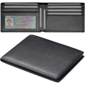 Genuine Leather Slim Wallet for Men, Thin RFID Blocking Bifold Mens Wallet, Front Pocket Men Wallet with ID Window, 7-9 Credit Card Slots (Black)