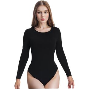 +MD Round Neck Bodysuits for Women Long Sleeve, Slimming Waist Tops, Basic T-shirt