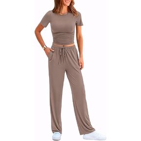 PRETTYGARDEN Women's 2 Piece Outfits Summer Tracksuit Lounge Sets Short Sleeve Crop Tops T Shirts High Waisted Wide Leg Pants