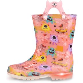 JSLOVE Toddler-Kids Light Up Rain Boots, Printed 100% Waterproof Glitter Rain Boots with Easy On Handles for Girls and Boys, Mud Lightweight Adorable with Non-Slip Sole
