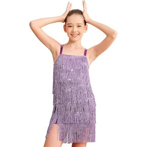 Girls Latin Tassel Dress Sparkly Fringe Skirt Sleeveless Dance Costume Sequins Salsa Vintage Party Dancewear