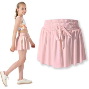 2-in-1 Butterfly Shorts Girls Flowy Shorts, Kids Girls Athletic Shorts with Spandex Liner and Side Pocket for Fitness