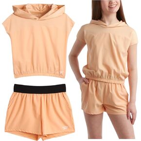 Reebok Girls' Shorts Set - 2 Piece Mesh Short Sleeve Hooded T-Shirt and Athletic Shorts - Summer Activewear for Girls (7-12)