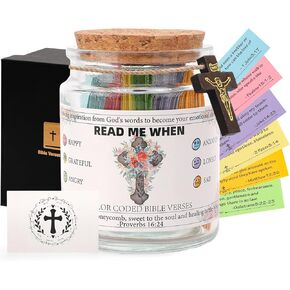 Christian Bible Verse Jar - 120 PCS Personal Self Growth Self Care Bible Prayer Cards Inspirational Scripture in a Jar(NIV) with Brown Cross Religious Church Bible Study Supplies for Women Men