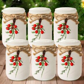 Honeydak 6 Pcs Christmas Mason Jars 17 oz Christmas Table Centerpiece Glass mason Jars with Berry Christmas tree cookie Farmhouse Xmas Rustic Mason Canning Jar for Home