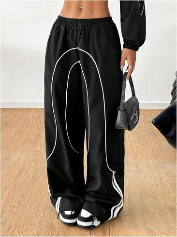 GORGLITTER Women's Contrast Trim Cargo Pants Y2K Elastic Waist Track Pants in Saudi Arabia
