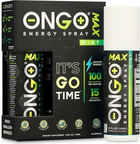 OnGo Energy Spray MAX - 100 ملغ من الكافيين الطبيعي لكل وجبة، طاقة سريعة المفعول مع B3، B6، B12 والتورين - خالي من السكر والغلوتين - 15 حصة، نكهة النعناع، ​​صنع في الولايات المتحدة الأمريكية in Saudi Arabia