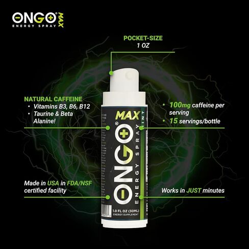 OnGo Energy Spray MAX - 100 ملغ من الكافيين الطبيعي لكل وجبة، طاقة سريعة المفعول مع B3، B6، B12 والتورين - خالي من السكر والغلوتين - 15 حصة، نكهة النعناع، ​​صنع في الولايات المتحدة الأمريكية in Saudi Arabia