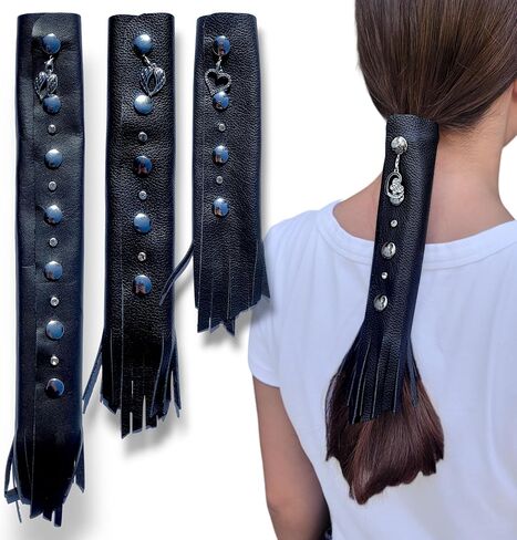 BLACK 18" inch Genuine Leather Motorcycle Hair Wrap for Long Hair - Handmade Ponytail Sleeve Long Hair Protector & Saver | Biker Hair Tie Helmet Accessory | Made in USA (18 inch, No Fringe) in Saudi Arabia
