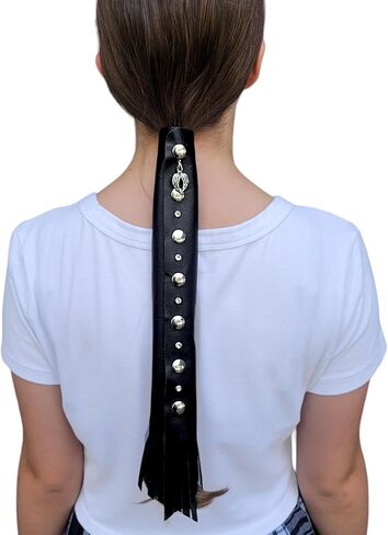 لفافة شعر دراجة نارية من الجلد الطبيعي مقاس 18 بوصة سوداء اللون للشعر الطويل - واقي وموفر للشعر الطويل مصنوع يدويًا على شكل ذيل حصان | إكسسوار خوذة ربطة شعر لراكبي الدراجات النارية | صنع في الولايات المتحدة الأمريكية (18 بوصة، بدون هامش) in Kuwait