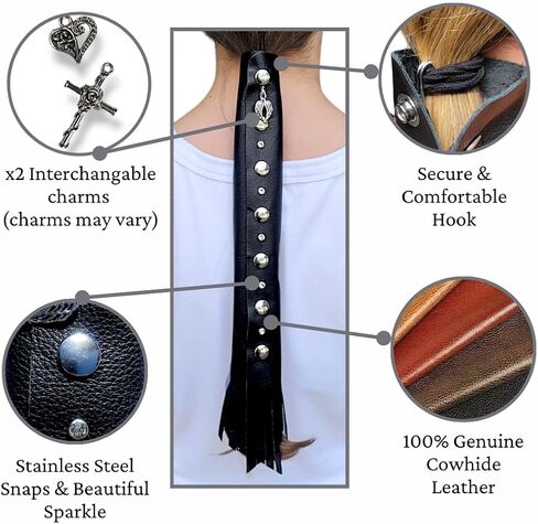 BLACK 18" inch Genuine Leather Motorcycle Hair Wrap for Long Hair - Handmade Ponytail Sleeve Long Hair Protector & Saver | Biker Hair Tie Helmet Accessory | Made in USA (18 inch, No Fringe) in Saudi Arabia