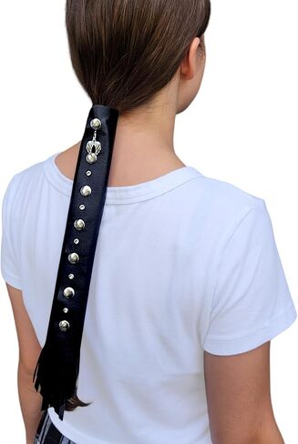 لفافة شعر دراجة نارية من الجلد الطبيعي مقاس 18 بوصة سوداء اللون للشعر الطويل - واقي وموفر للشعر الطويل مصنوع يدويًا على شكل ذيل حصان | إكسسوار خوذة ربطة شعر لراكبي الدراجات النارية | صنع في الولايات المتحدة الأمريكية (18 بوصة، بدون هامش) in Kuwait