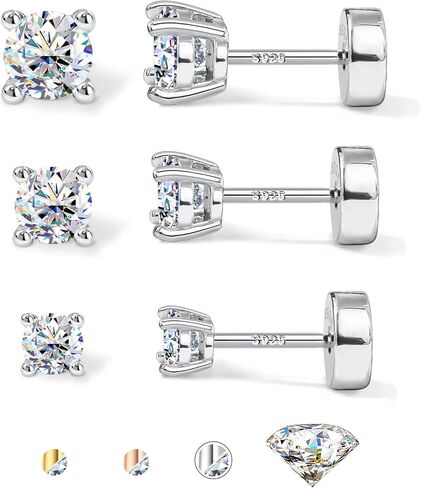 Moissanite Earrings Studs Hypoallergenic 14K Gold Plated Flat Back Earring Sterling Silver Earrings for Women Men - 3 Pairs Earring Set Cartilage Helix Piercing Jewelry D Color VVS1 1.8CT in Kuwait