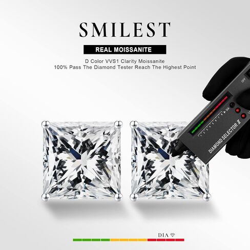 SMILEST 0.6-3ct Princess Cut Moissanite Earrings for Women, D Color VVS1 Clarity Lab Created Moissanite Earrings 18K White Yellow Rose Gold Black Ruthenium Vermeil Solitaire Moissanite Stud Earrings in Kuwait