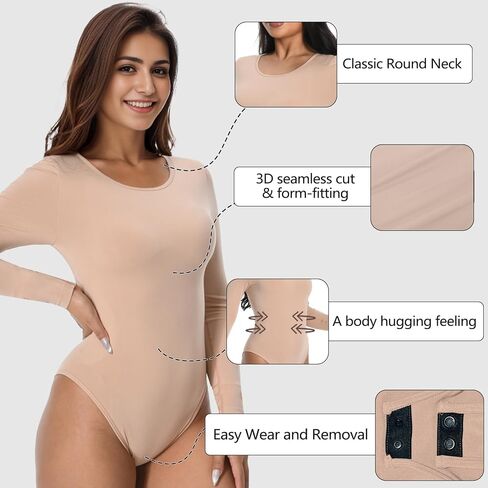 +MD Round Neck Bodysuits for Women Long Sleeve, Slimming Waist Tops, Basic T-shirt in Saudi Arabia