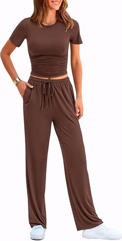 PRETTYGARDEN Women's 2 Piece Outfits Summer Tracksuit Lounge Sets Short Sleeve Crop Tops T Shirts High Waisted Wide Leg Pants in Saudi Arabia
