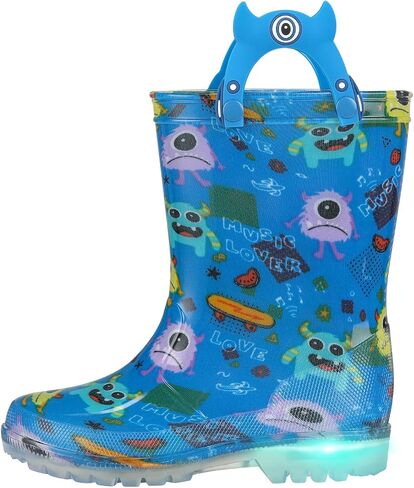 JSLOVE Toddler-Kids Light Up Rain Boots, Printed 100% Waterproof Glitter Rain Boots with Easy On Handles for Girls and Boys, Mud Lightweight Adorable with Non-Slip Sole in Saudi Arabia