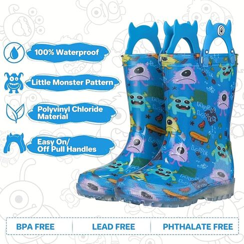 JSLOVE Toddler-Kids Light Up Rain Boots, Printed 100% Waterproof Glitter Rain Boots with Easy On Handles for Girls and Boys, Mud Lightweight Adorable with Non-Slip Sole in Saudi Arabia