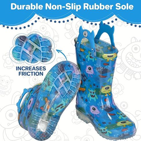 JSLOVE Toddler-Kids Light Up Rain Boots, Printed 100% Waterproof Glitter Rain Boots with Easy On Handles for Girls and Boys, Mud Lightweight Adorable with Non-Slip Sole in Saudi Arabia