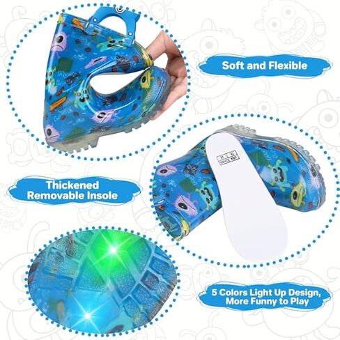 JSLOVE Toddler-Kids Light Up Rain Boots, Printed 100% Waterproof Glitter Rain Boots with Easy On Handles for Girls and Boys, Mud Lightweight Adorable with Non-Slip Sole in Saudi Arabia