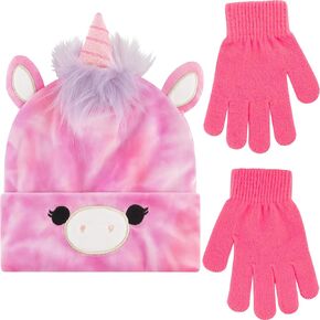 Squishmallows Lola Beanie Hat and Gloves Set, Girls Cuffed Winter Knit Cap with Horn and Matching Mittens, Pink, One Size