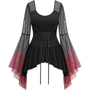 Rosegal Women Plus Size Gothic Sheer Mesh Panel Ombre Lace-up Flounce Flare Sleeves Gothic Costume Top Bell Sleeves Top Tee in Saudi Arabia