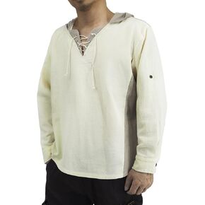 Cosplay Costume Hooded Shirt of Mens Linen Re-Enactment Tops for Earthy Celtic Medieval Shirts Beige