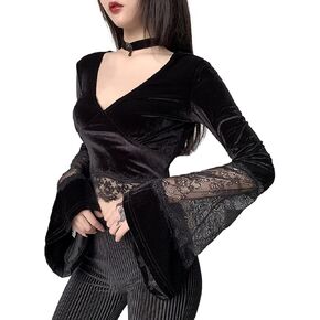 TSMNZMU Womens Gothic Velvet Crop Tops V Neck Grunge Punk T Shirt Lace Patchwork Long Sleeve Shirt Emo Harajuku Alt Clothes