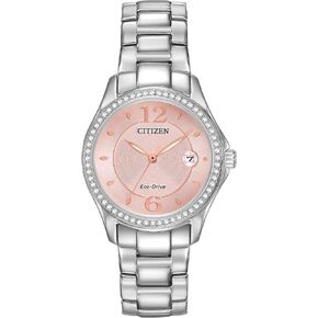 Citizen Women's Eco-Drive Dress Classic Crystal Watch in Stainless Steel, Pink Dial (Model: FE1140-86X)