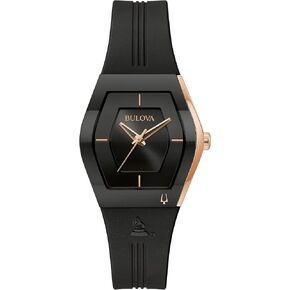 Bulova Latin Grammy Gemini Quartz Rose Gold Stainless Steel Accent with Curved Mineral Crystal and Black Silicone Strap Watch, Ladies