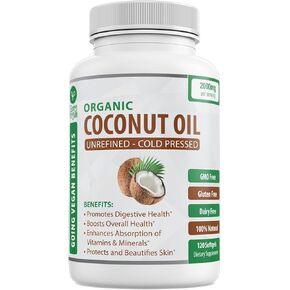 Organic Coconut Oil Capsules 2000mg - 100% Extra Virgin, Cold Pressed for Healthy Skin, Extra Hair Growth, Nail Care, Brain Booster - 120 Softgels - Unrefined Pure & Non GMO Pills - Rich in MCT