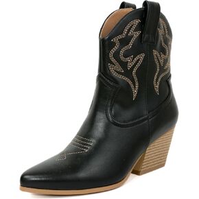 Women's Cowboy Boots, Short Western Cowgirl Boots, Pointed Toe Low Chunky Heel Pull-On Embroidered Ankle Booties