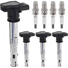 Sorghum Ignition Coil Pack and Spark Plugs Compatible with Audi A3 A4 A5 A6 Q3 Q5 Q7 TT RS4 RS5 Volkswagen Jetta Passat Beetle CC Golf GTI Replace# UF575 UF523 UF538 UF623 07K905715F Set of 4