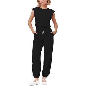 Girls Casual Jumpsuit Kids Fashion Crew Neck Elastic Waist Loose Rompers Long Pants with Pockets