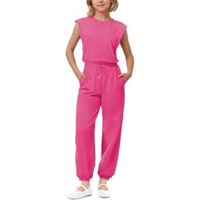 Girls Casual Jumpsuit Kids Fashion Crew Neck Elastic Waist Loose Rompers Long Pants with Pockets in Saudi Arabia