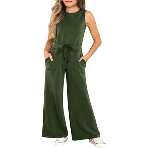 Girls Casual Jumpsuit Kids Fashion Sleeveless Elastic Waist Wide Leg Pants Rompers One Piece Outfits