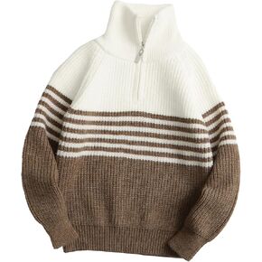 Happy Cherry Boys Striped Knit Sweater Long Sleeve Half Zip Pullover Shirt Mock Neck Sweatshirt for Winter Fall 5-12Y