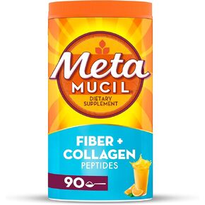 Metamucil Daily Fiber + Collagen, Psyllium Husk Powder, Plant Based, Sugar-Free with Stevia, 3-in-1 Fiber for Digestive Health, Orange Flavored, 90 Doses (29.8 OZ Fiber Powder)