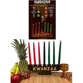 Kwanzaa Brown Kinara Candle Set with Kwanzaa Poster, Handcrafted Kwanzaa Kinara Set, Wood Kinara, 7 Candles, Unity Cup, Bamboo Mat, Kwanzaa Celebration Decoration, African American Holiday Artwork