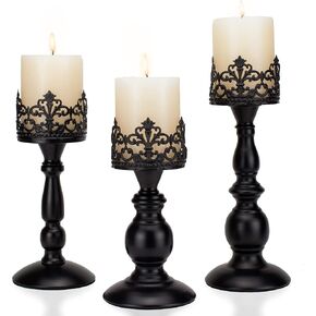 Distressed Black Candle Holders for Pillar Candles Set of 3, Vintage Crown Candle Stands for Table Centerpiece Decor, Tall Antique Metal Candle Holder Set for Fireplace Decoration, Ideal Gift