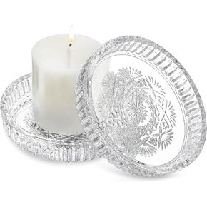 kanpura Crystal Glass Candle Holder Plates Set of 2 3.7 Inch Round Clear Glass Pillar Candle Holder Snowflake Votive Candle Holder Set for Wedding Birthday Holiday