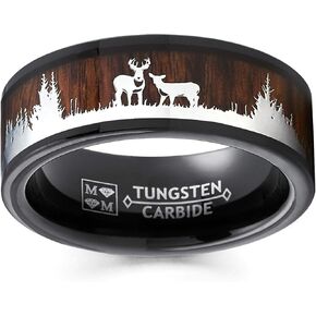 Metal Masters Men's Co. Black Tungsten Hunting Ring Wedding Band Wood Inlay Deer Stag Silhouette