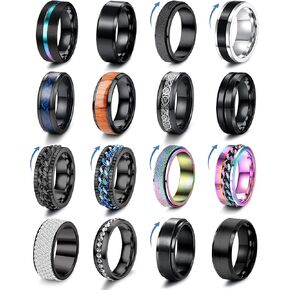 Besteel 16Pcs Stainless Steel Band Rings for Men Women Fidget Anxiety Relief Rings Cool Chain Beveled Edges Celtic Black Band Spinner Rings Set for Wedding Promise Mens Rings Pack