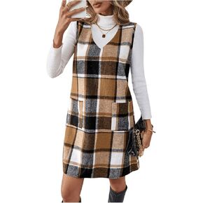 SHENHE Women's V Neck Plaid Overall Dress Short Pinafore Dress Mini Jumper Dress with Pockets