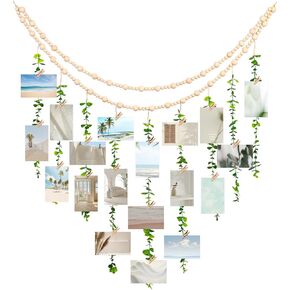 Boho Wall Hanging Photo Display with 20 Clips, Bedroom Wall Decor Aesthetic Wooden Beads Garland Picture Hanging Strings Greenery Eucalyptus Wall Decor for Home Dorm Office Cubicle Decor
